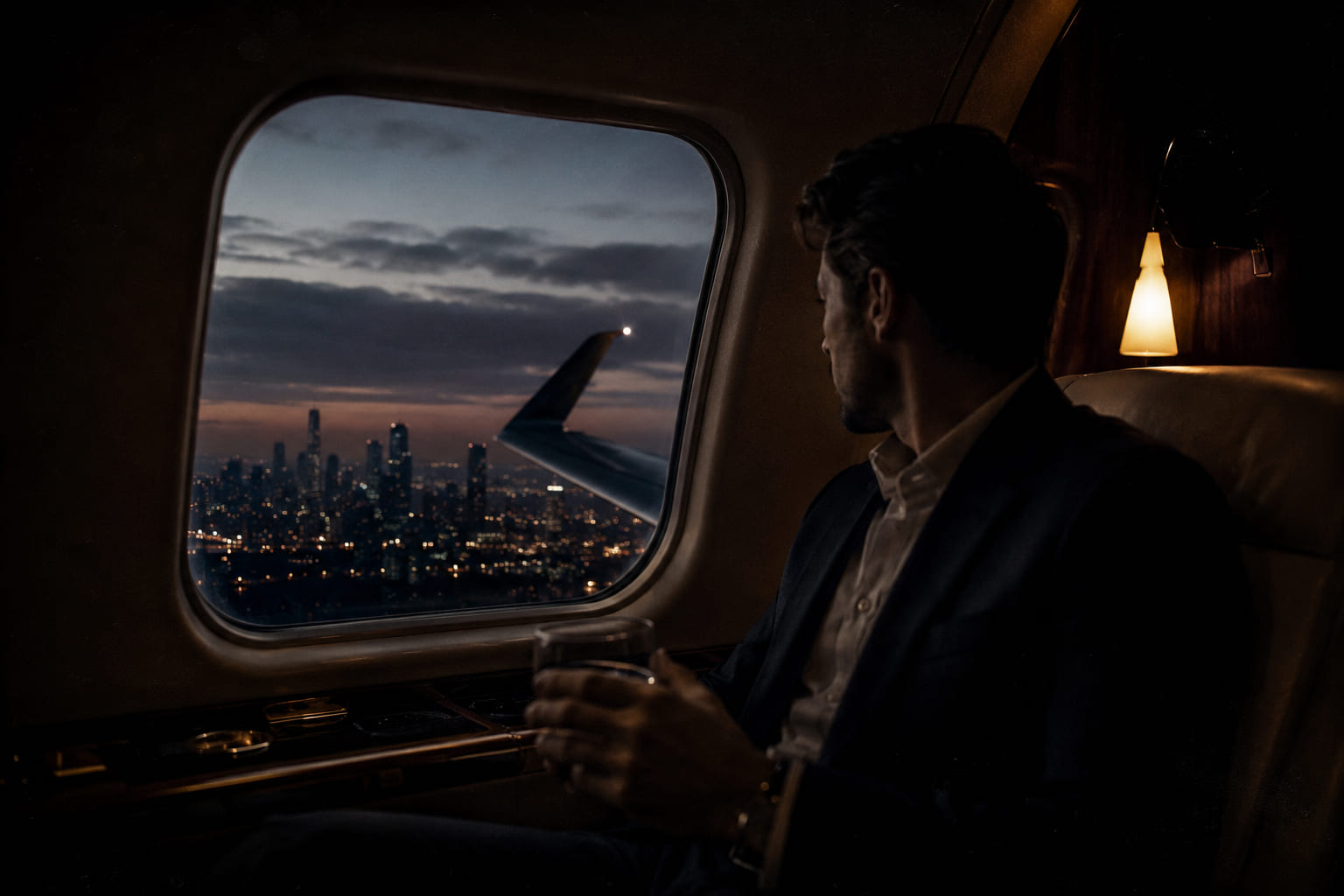Private aviation arrival over a city at dusk