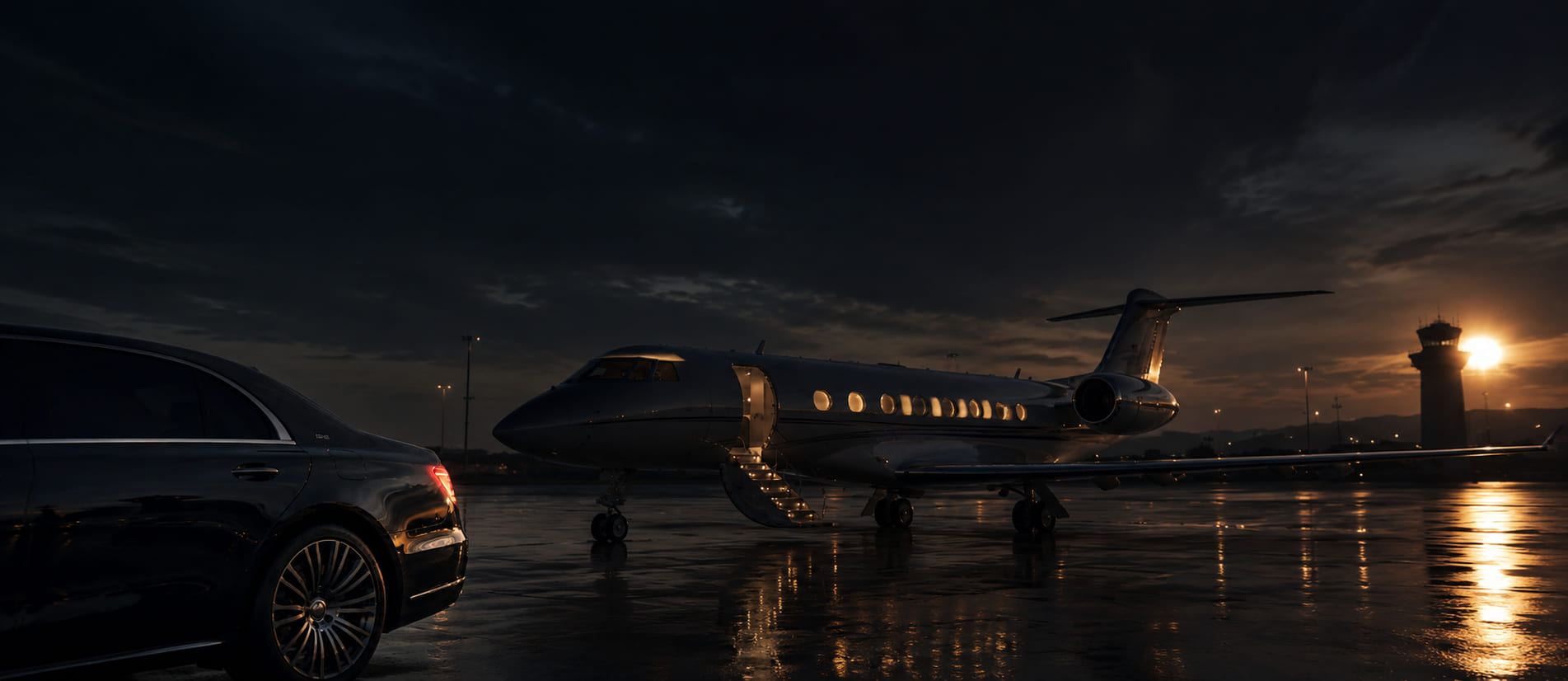 Private jet on the tarmac at dusk
